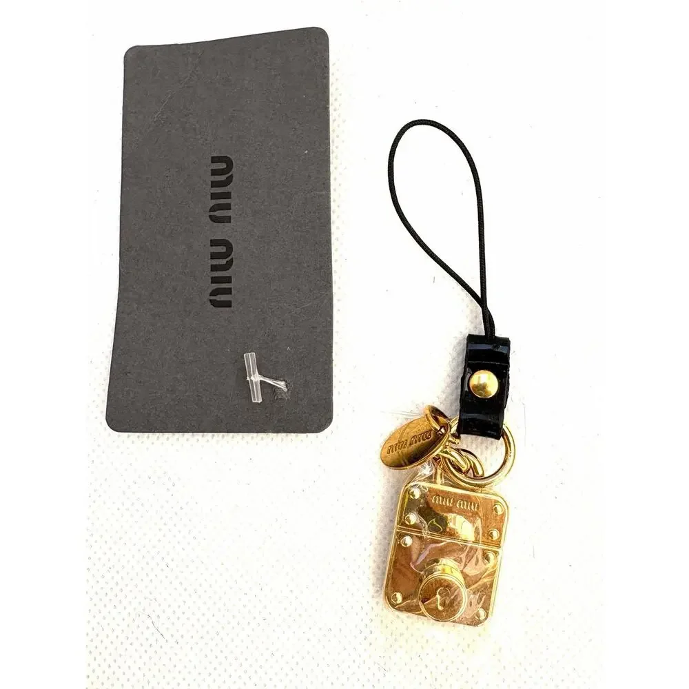 Miu Miu Gold Padlock Phone Charm Bag Charm Keychain Black Strap NWT Designer